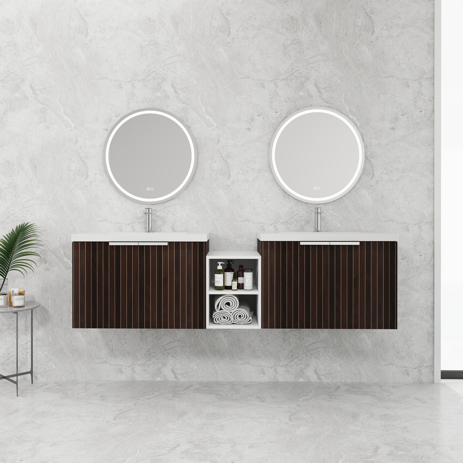 72″ Wooden Floating Bathroom Vanity with Dual Sink Basin Doors /Storage Shelves