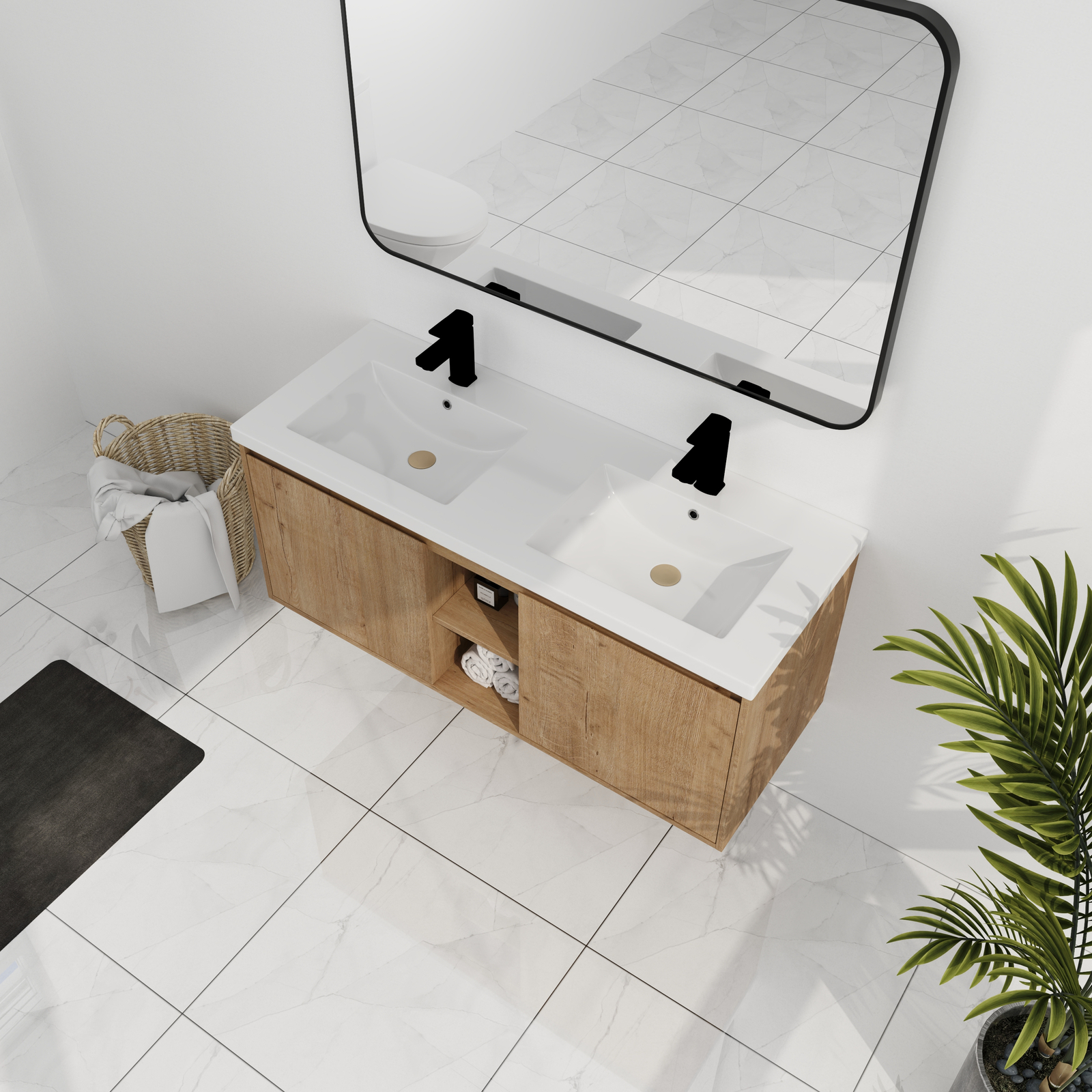 48″ Plywood Wall Mounted Bathroom Vanity With Double Sink Basin 2 Doors Storage