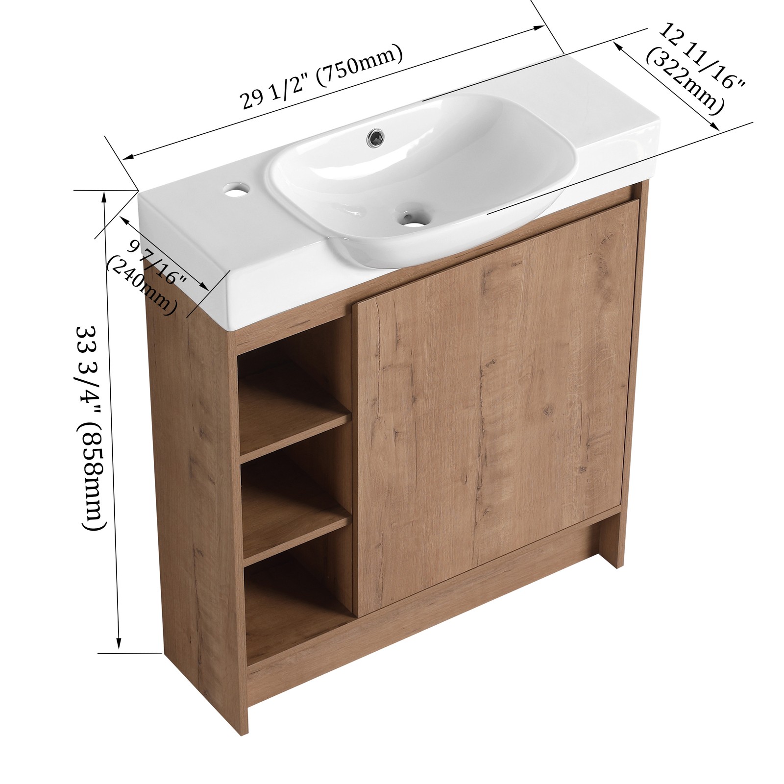 30in Plywood Freestanding Bathroom Vanity W/ Ceramic Sink Storage Door Shelf Oak
