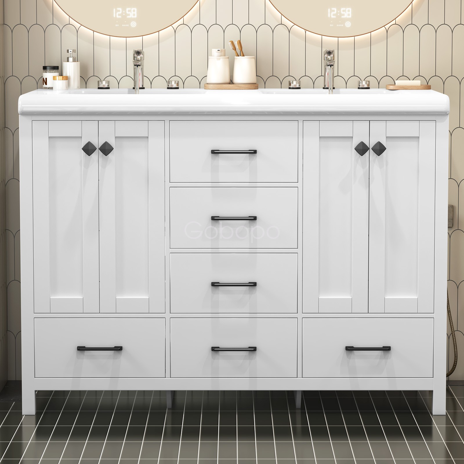 47″ Bathroom Vanity Wood Cabinet with Ceramic Double Sink Combo Set Freestanding