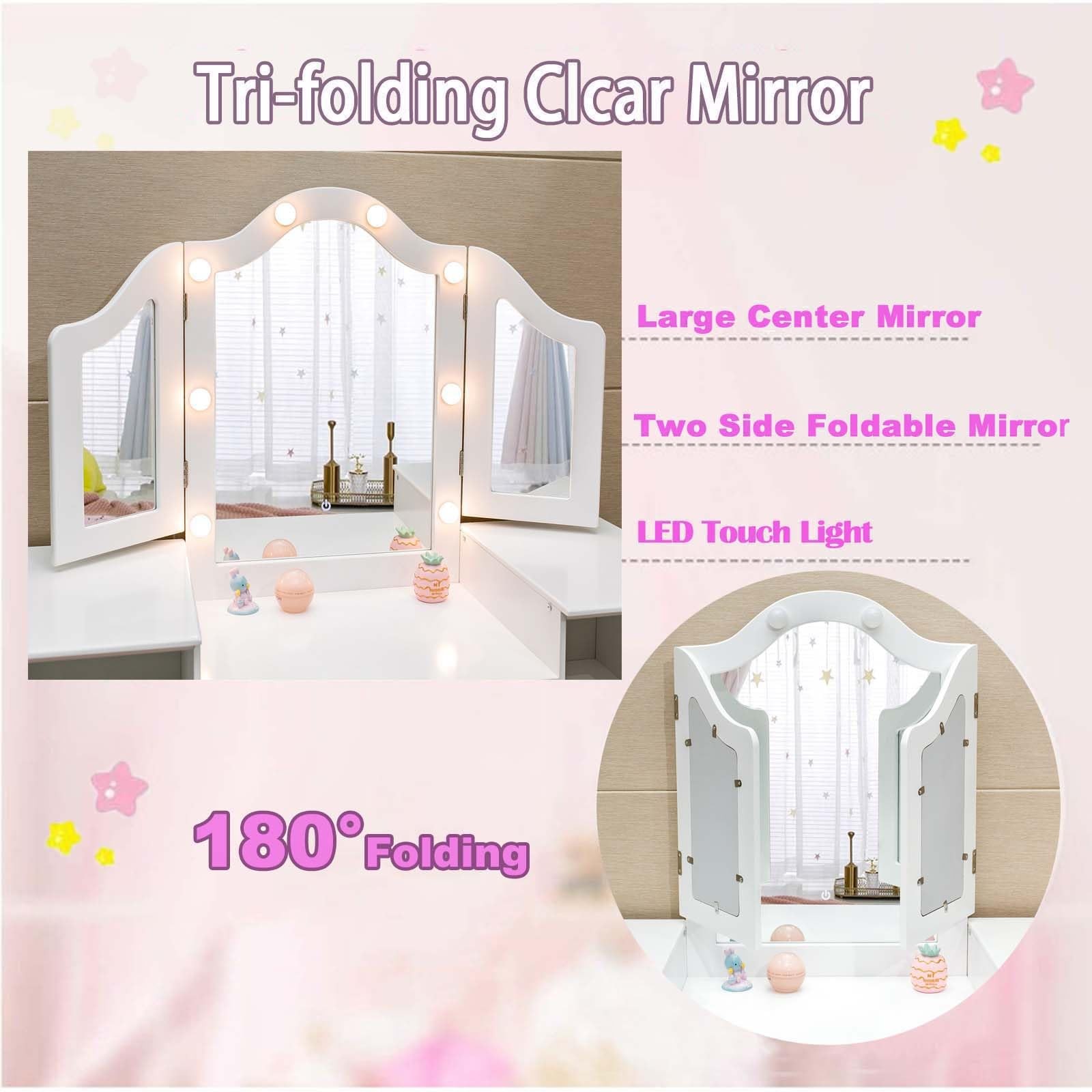 2-in-1 Kids Vanity Table with Tri-Fold Lighted Mirror Chair Storage