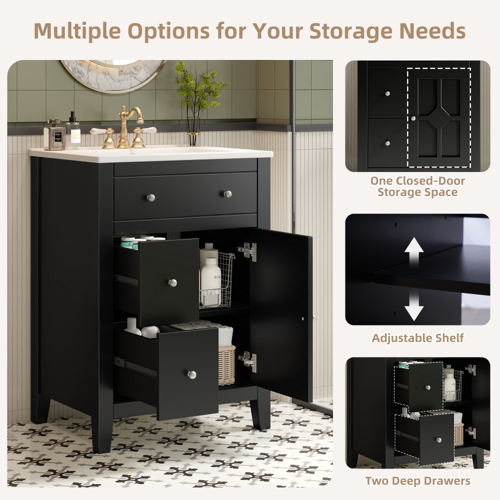 Bathroom Vanity with Ceramic Basin Features Two Drawers and Soft-Close Doors