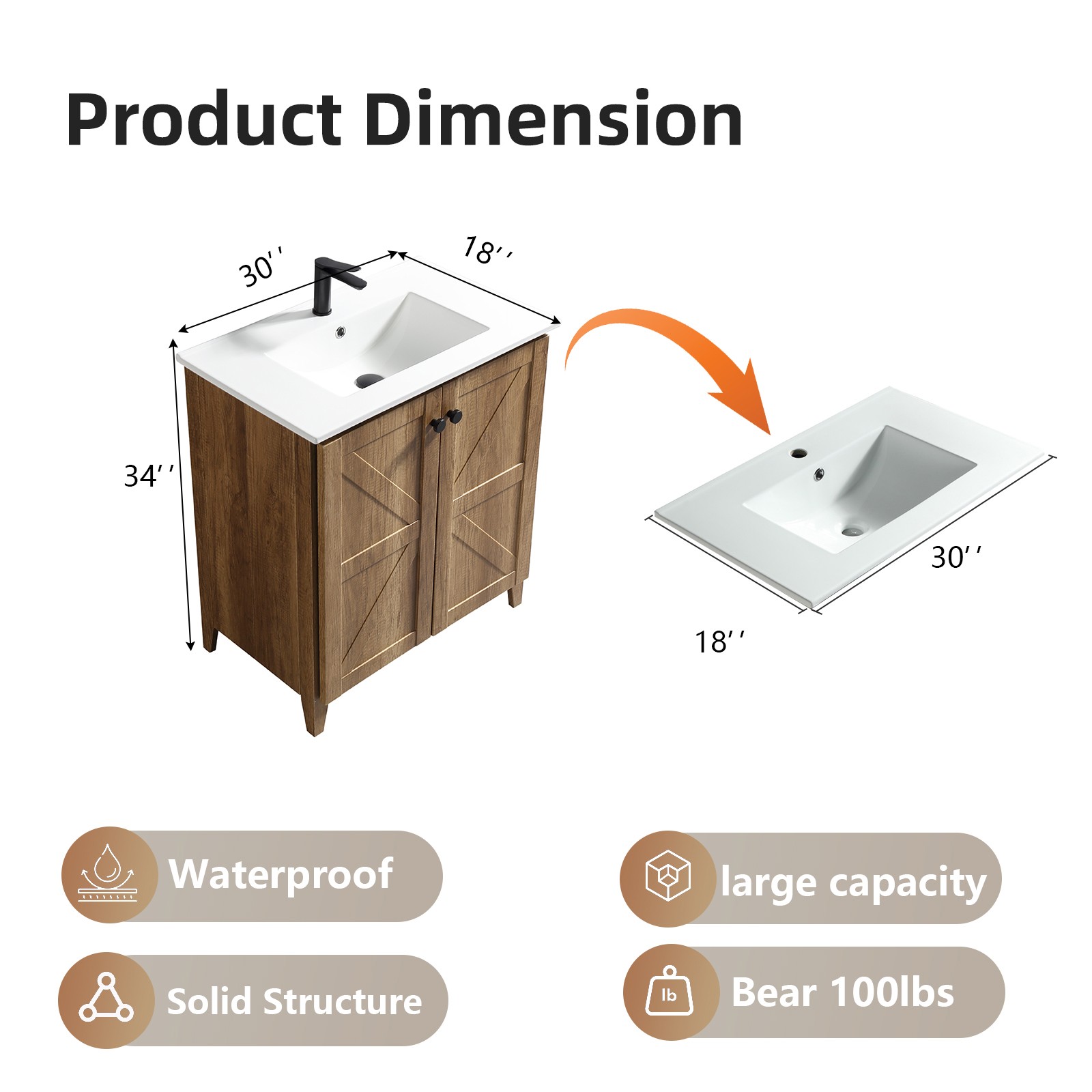30″ Golden Oak Folding Floor Cabinet With Ceramic Sink Modern Storage Cabinet