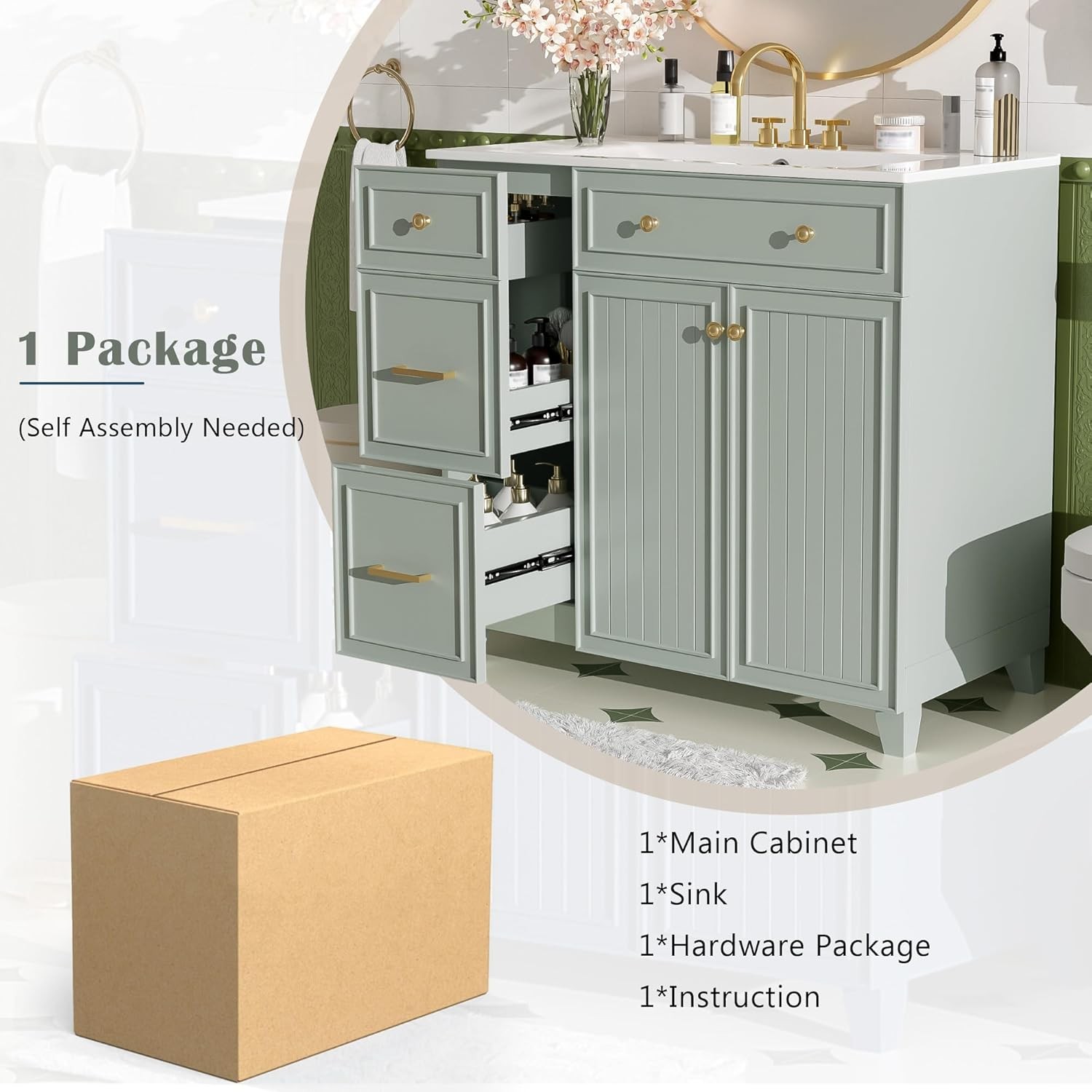 36-inch Green Bathroom Vanity Transitional Style Bathroom Cabinet W/ Ceramic