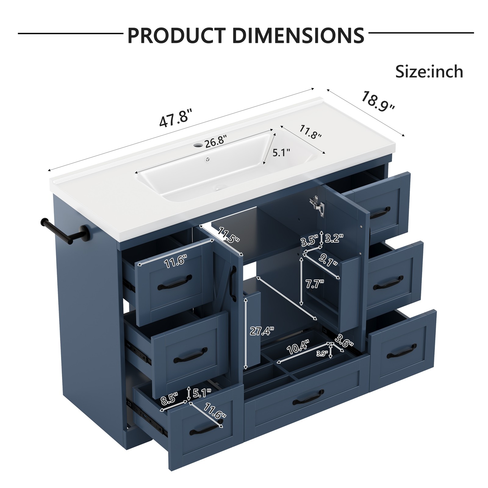 48″ Bathroom Vanity with Sink Ceramic Top Navy Blue Farmhouse Cabinet