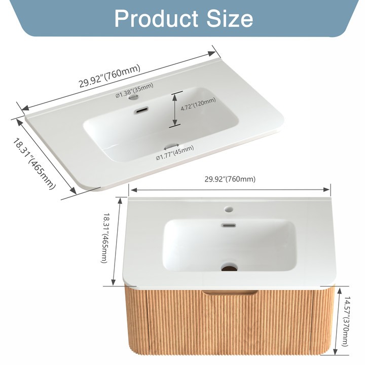 30″ Floating Bathroom Vanity in Walnut with White Ceramic Basin