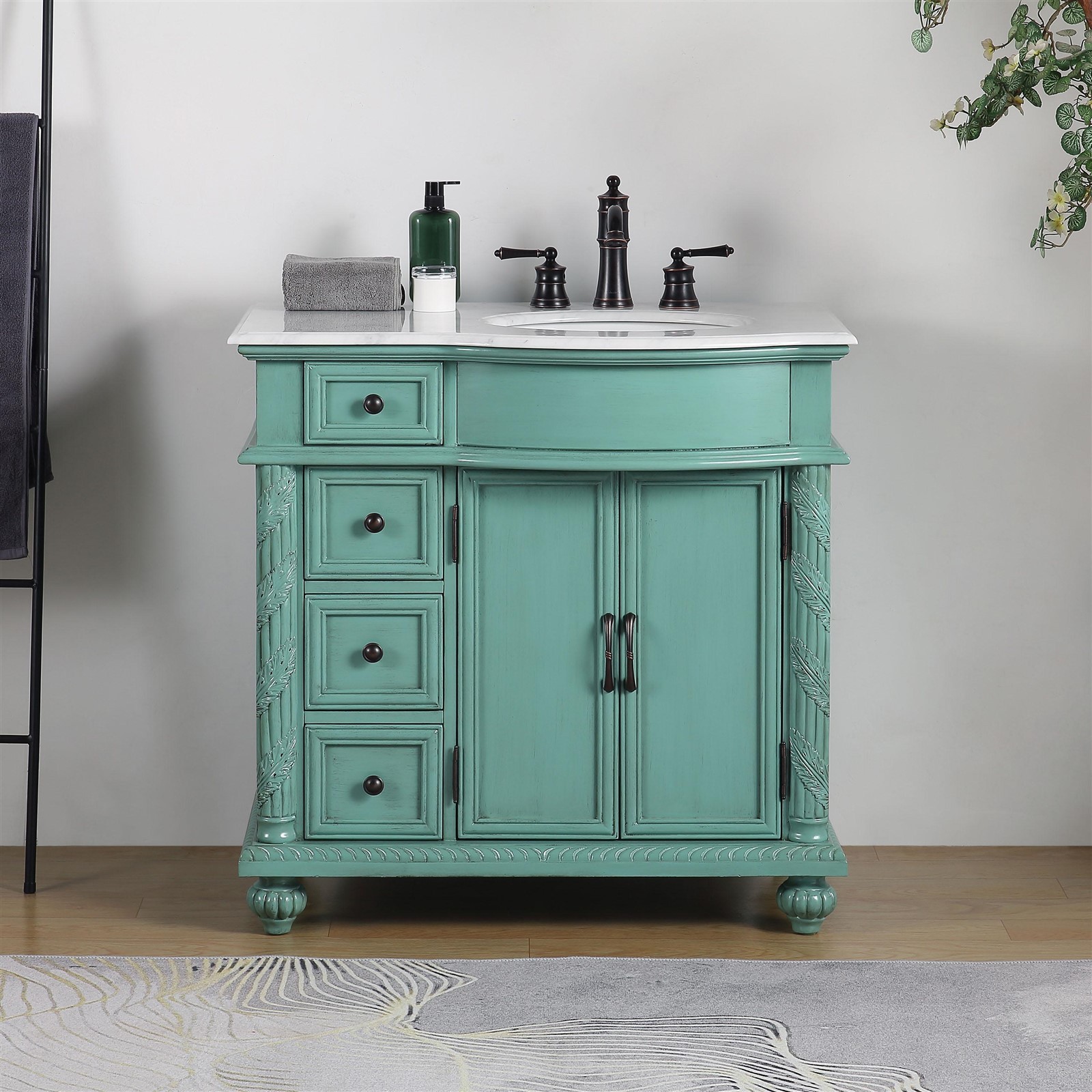 36″ Vintage Green Carrara Top Bathroom Cabinet Single Vanity – Sink on the Right