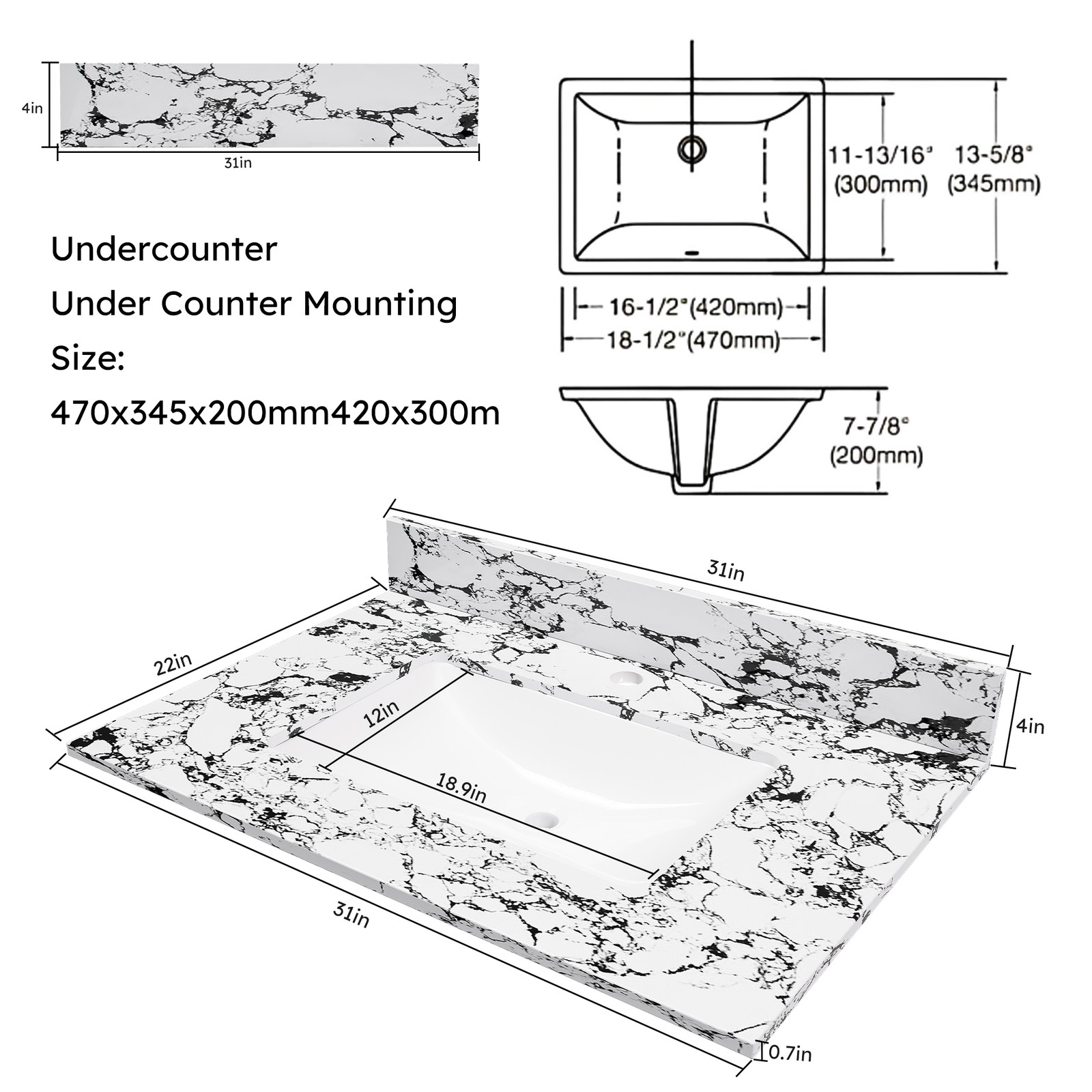 31″x22″ Bathroom Vanity Top with Undermount Sink & Backsplash