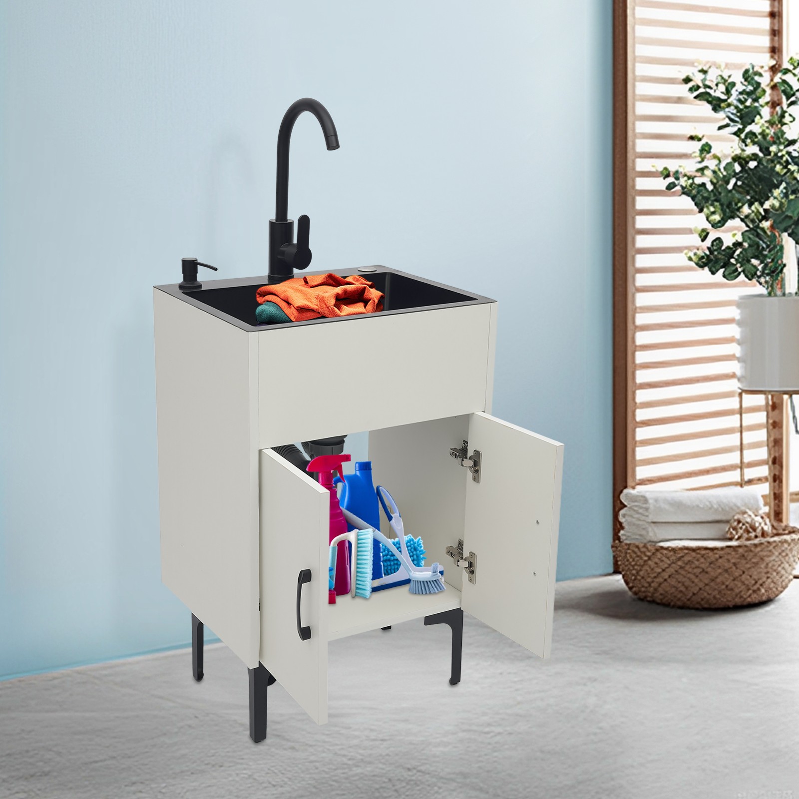20″ Laundry Sink Cabinet w/ Faucet, Freestanding Utility Sink Cabinet w/ Storage