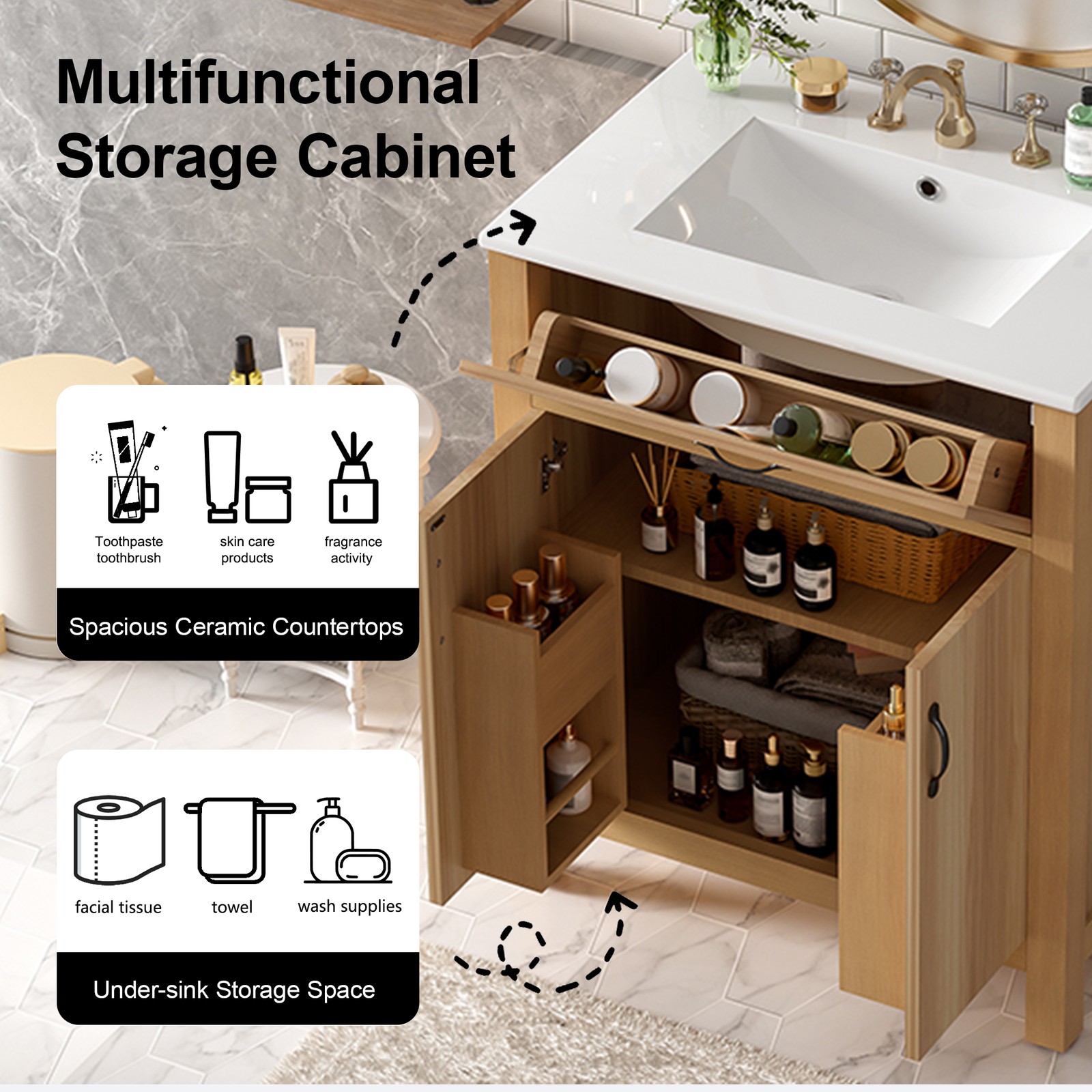30″ Wood Bathroom Vanity with Solid Wood Frame, 2 Soft Close Doors,1 Flip Drawer