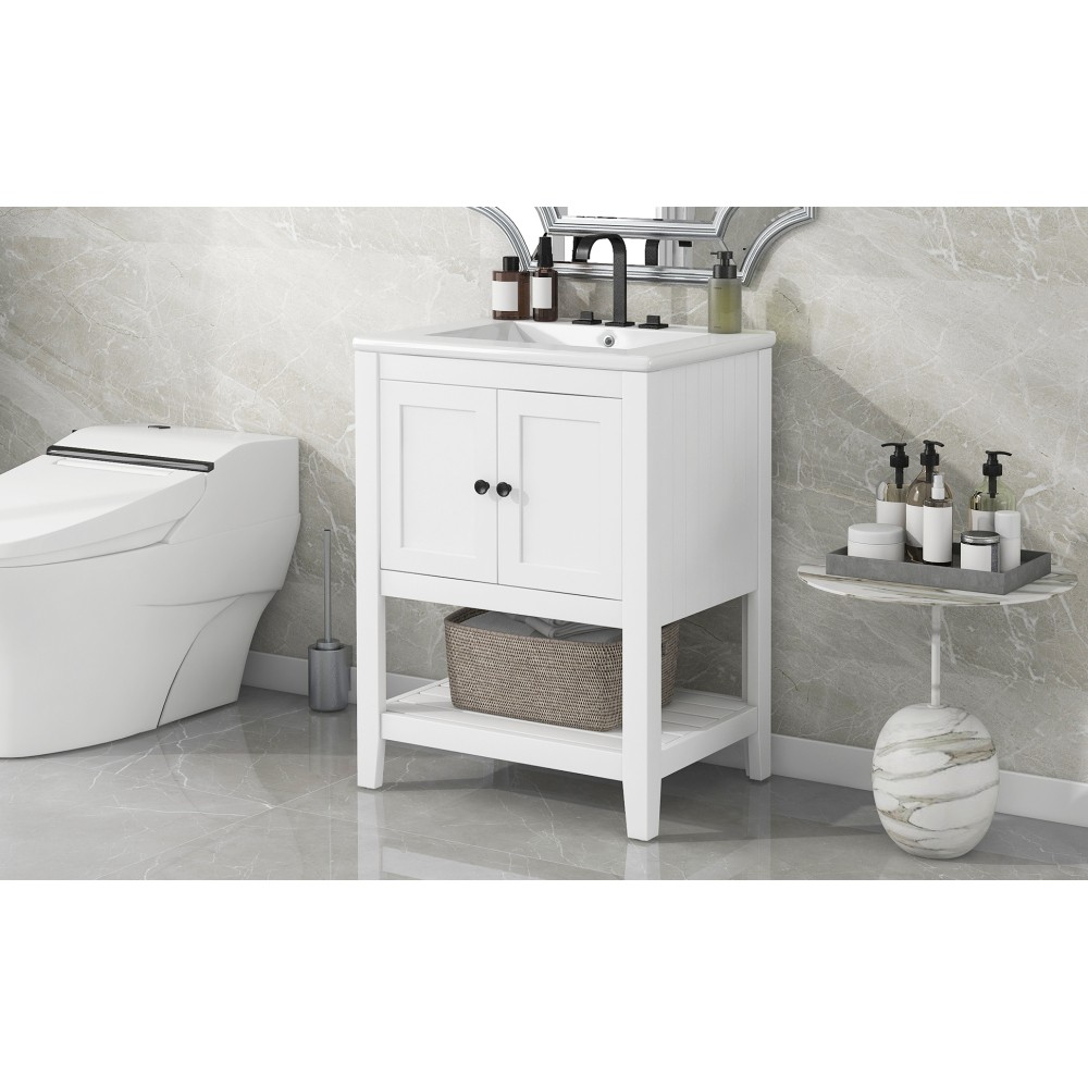 24″ White Bathroom Vanity w/Ceramic Sink & Solid Wood Frame