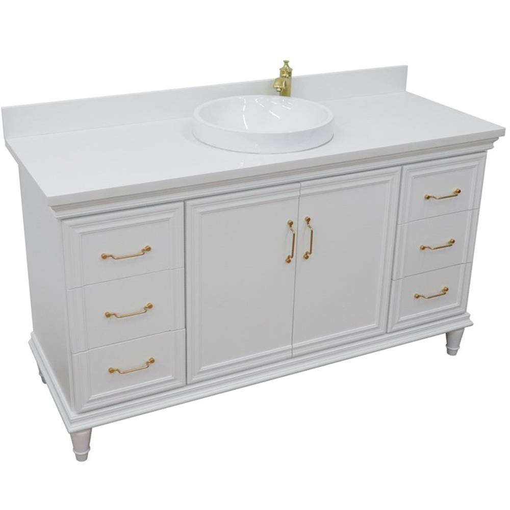 61 in. Single Wooden Vanity White with White Quartz Round Sink