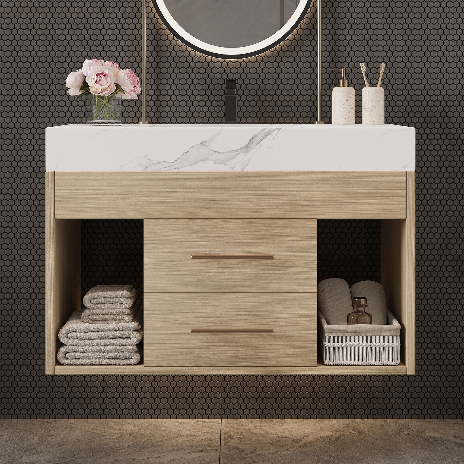 29.9″ Floating Bathroom Vanity with Sintered Stone Top & Ceramic Sink