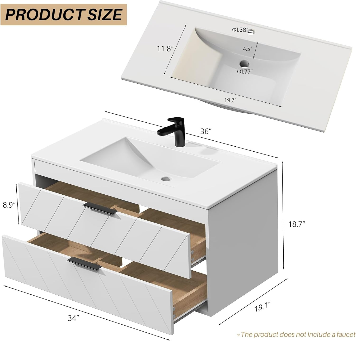 36 Inch Bathroom Vanity with Sink, Modern Floating Bathroom Vanity with Resin Si