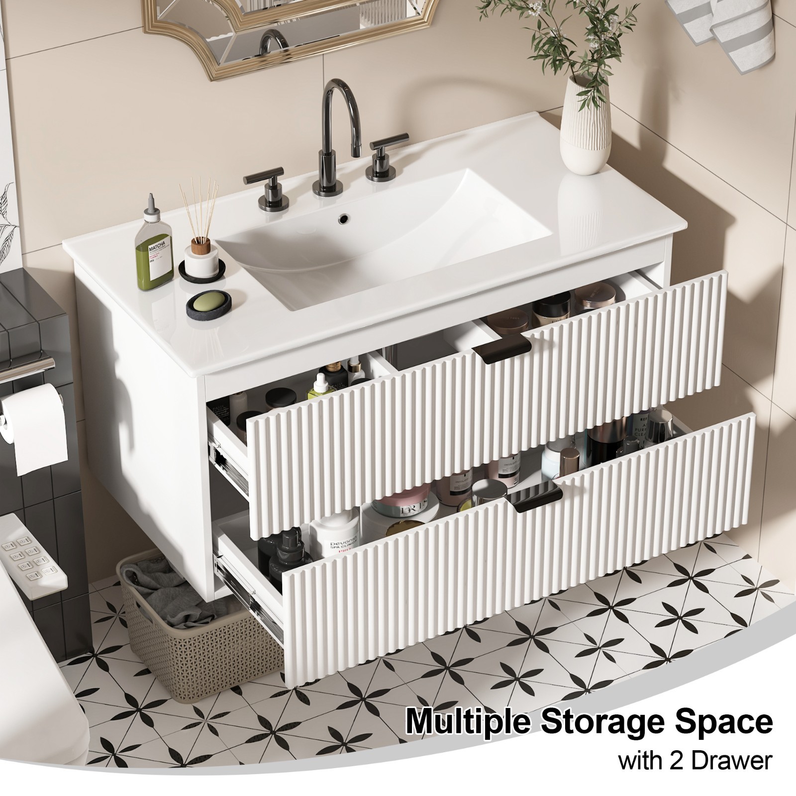 36″ 30″ 24″ Wall Mounted Bathroom Vanity Cabinet with Ceramic Sink Combo White