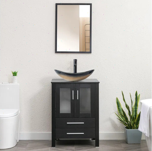 24″ Bathroom Vanity Cabinet Combo Organizer Top Vessel Sink W/ Faucet Drain Hose