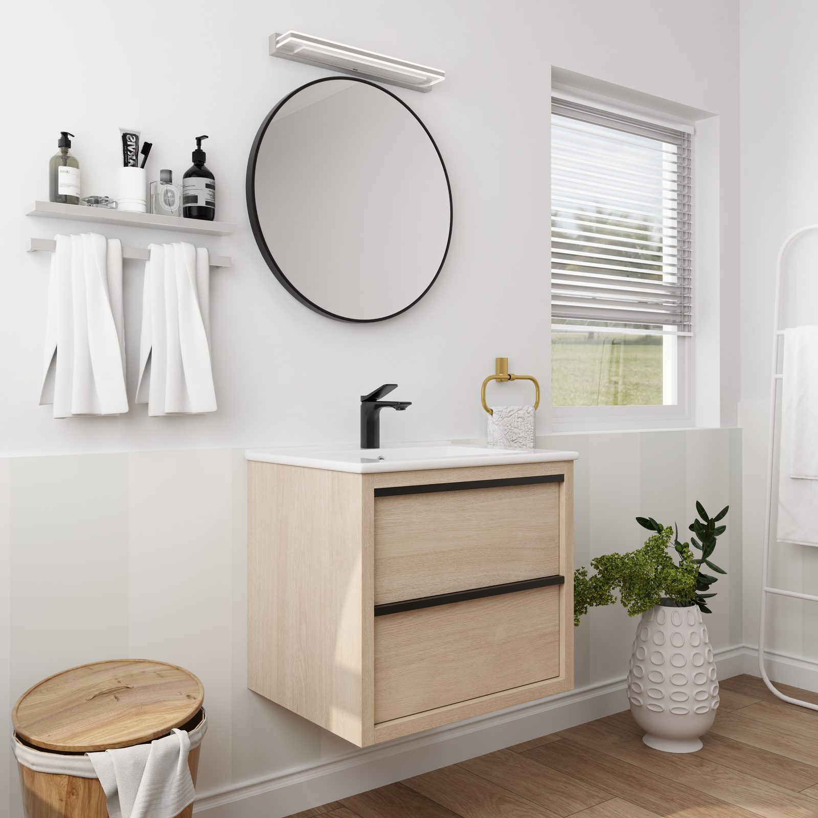 24″Wooden Wall Mounted Bathroom Vanity With Ceramic Sink Basin 2 Storage Drawers