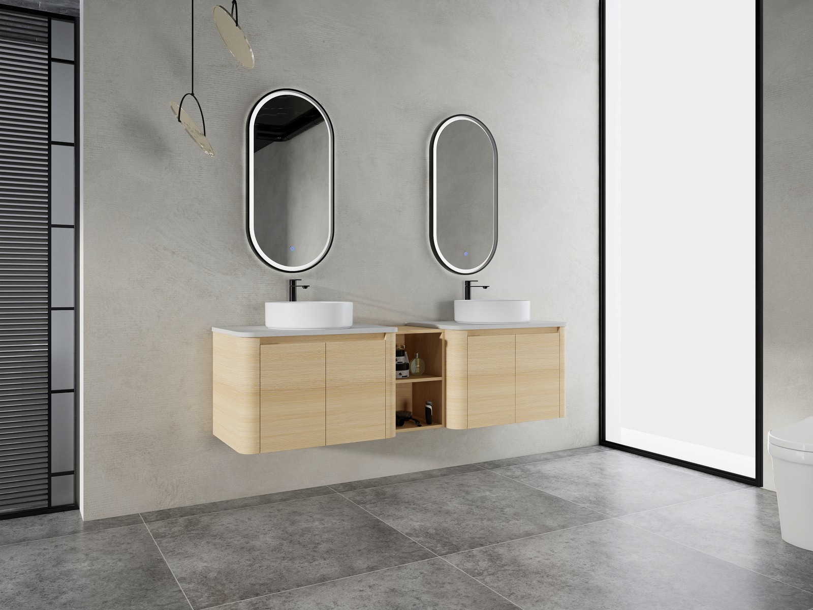 72″ Floating Bathroom Vanity W/ 2 White Ceramic Sink Stone Slab Top+Open Shelves