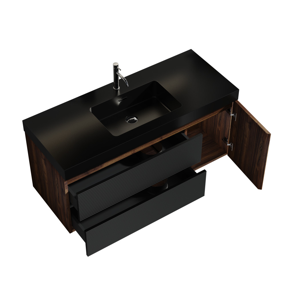 48″ Walnut Bathroom Vanity with Matt Black Engineered Quartz Sink and Soft Black