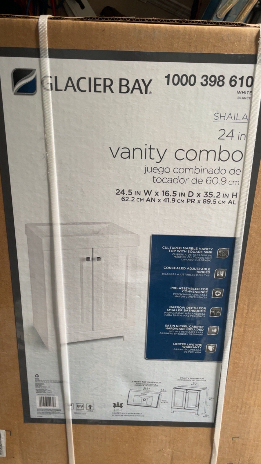 Glacier Bay Vanity 24.5″ W x 16.25″ D x 35.0″ H Single Sink W/ Marble Top White