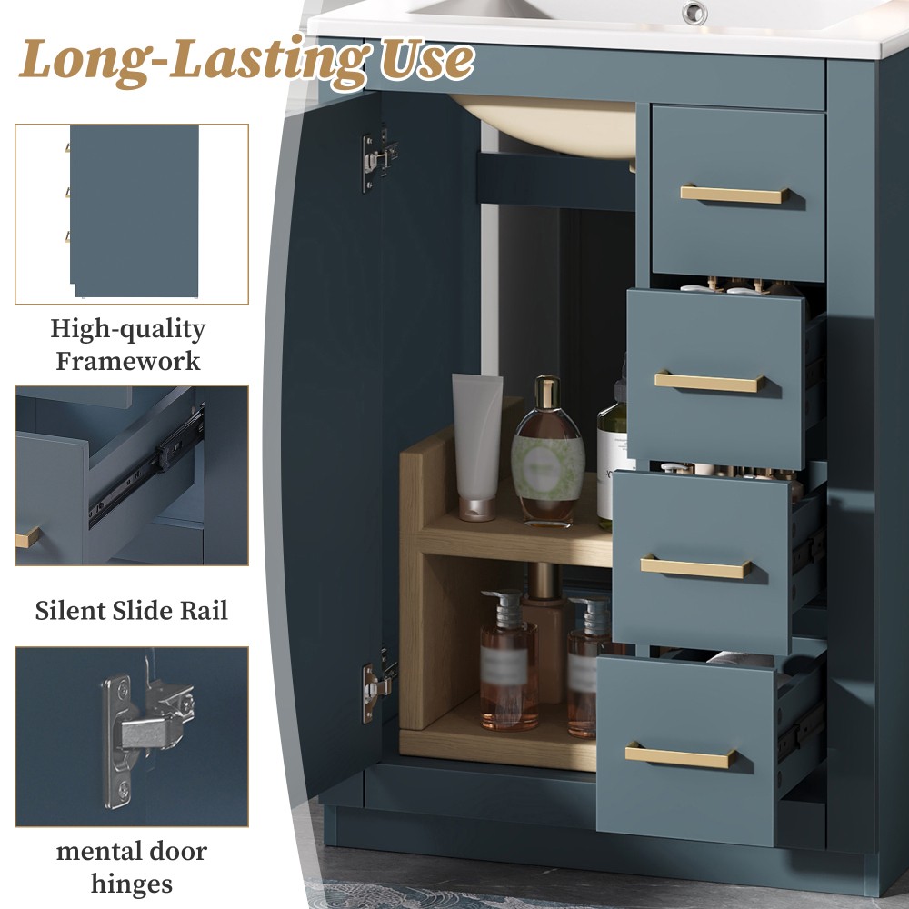 24in Bathroom Vanity Integrated Ceramic Sink 1 Door 3 Drawers