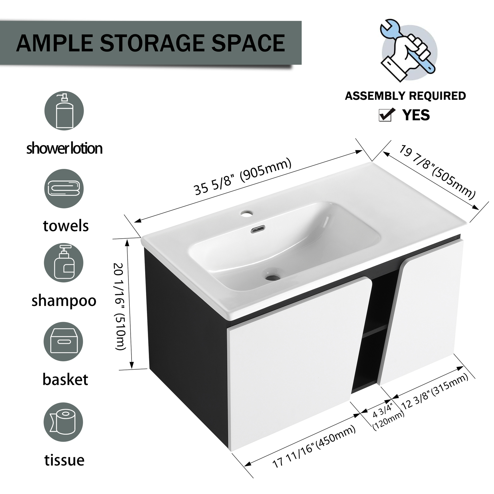 36 Inch Bathroom Vanity Wall Mounted Cabinet W/ Undermount Ceramic Sink White US