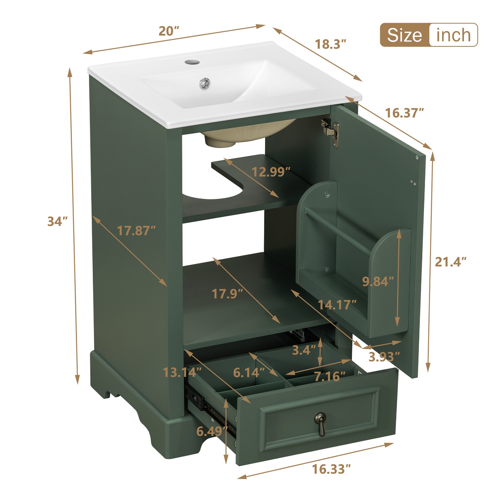 20″ Bathroom Vanity with Ceramic Sink Modern Storage Cabinet w/Soft Close Door