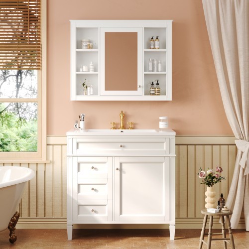 36” Blue Bathroom Vanity w/ Sink & Mirror Cabinet Storage Soft Close Doors