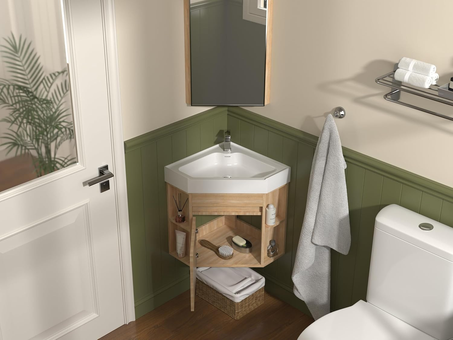 18 Inch Wall Mount Corner Bathroom Vanity with Matte Solid Surface (Light Oak)