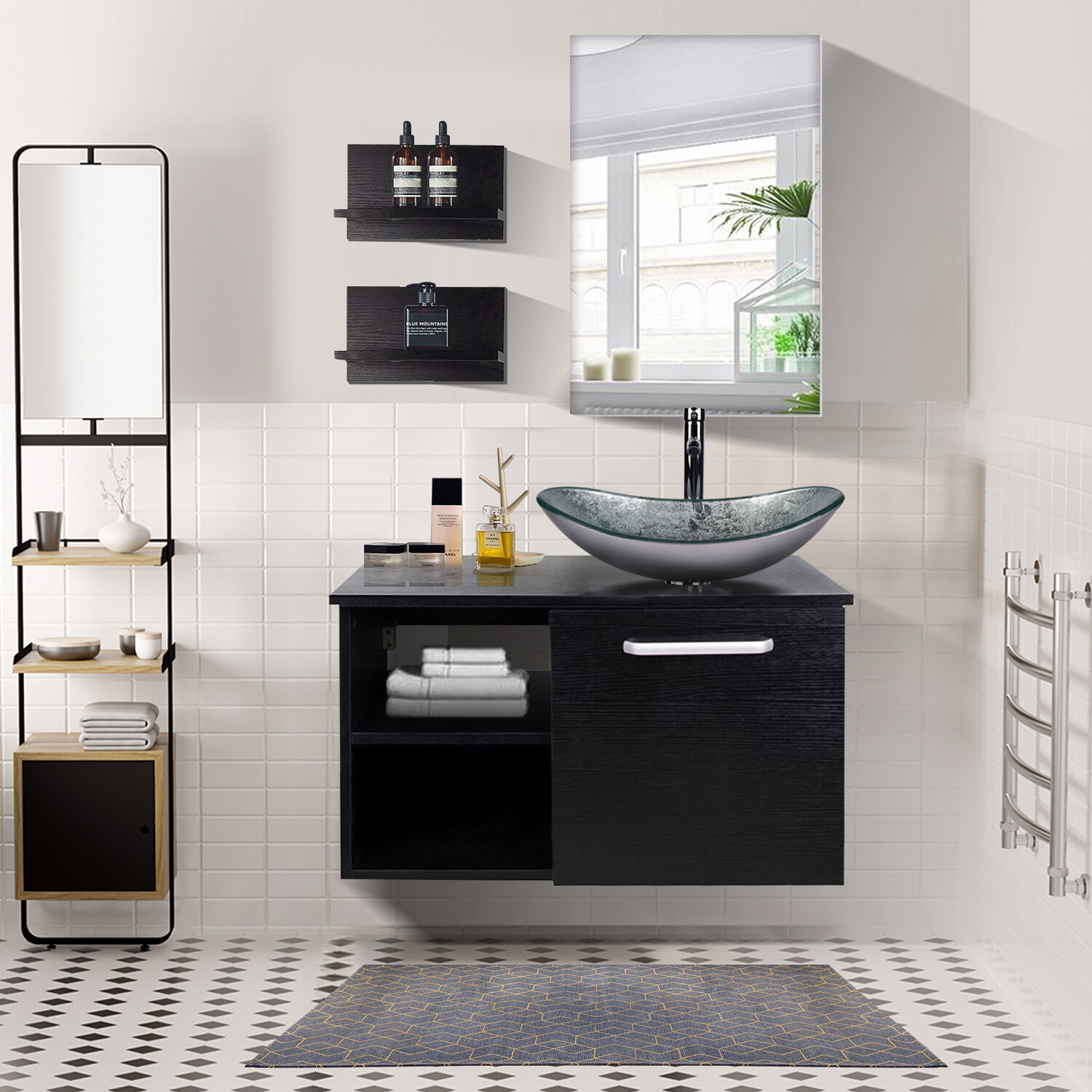 28″ Bathroom Vanity Sink Combo Wall Mounted Cabinet Drawers Mirror Faucet Drain