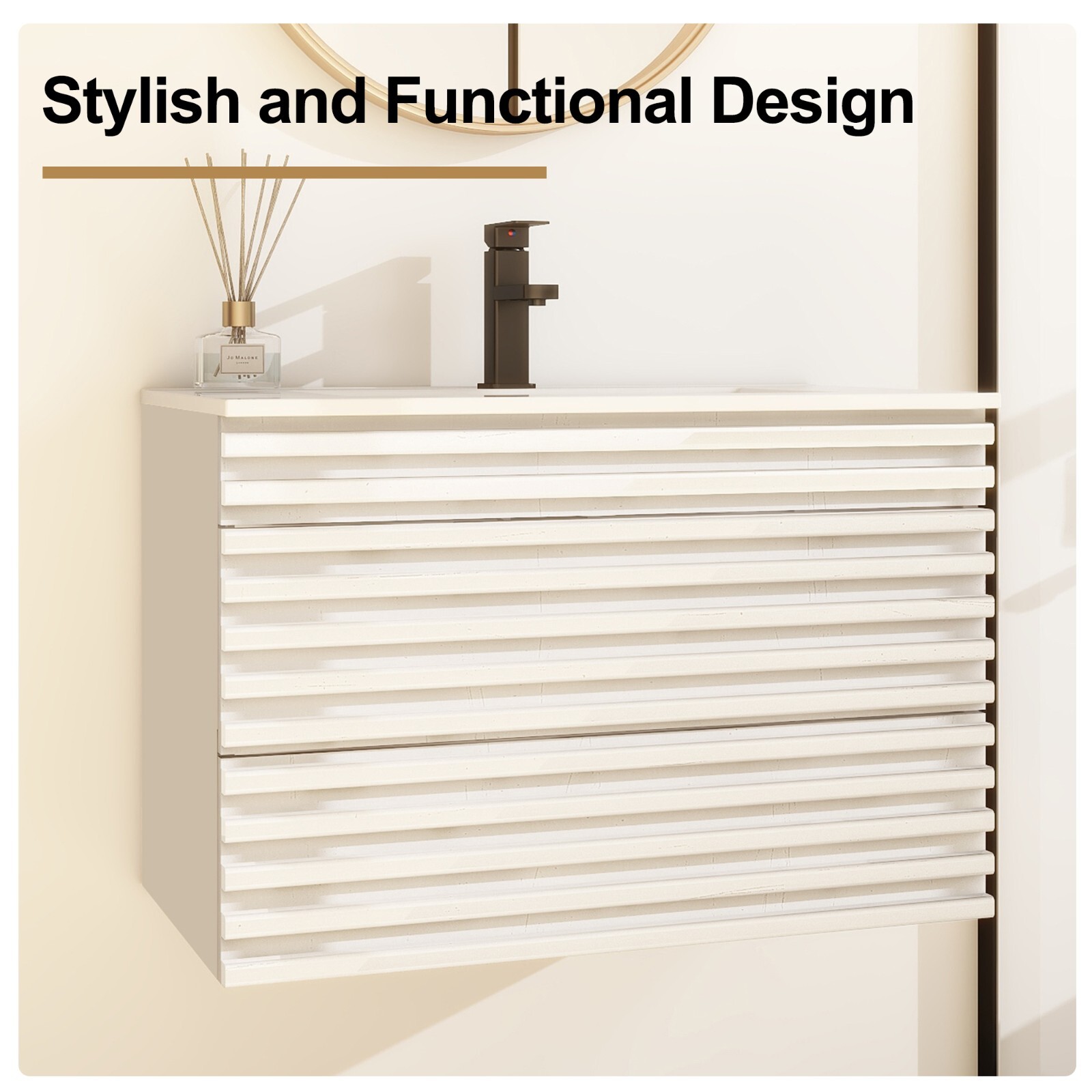 Bathroom Vanity Set Wall Mounted W/ Drop in Sink Mid-Century Cabinet Set