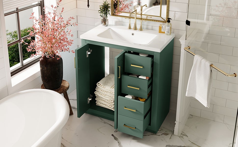 30″ Bathroom Vanity with Ceramic Sink, Solid Wood Frame, 3 Drawers