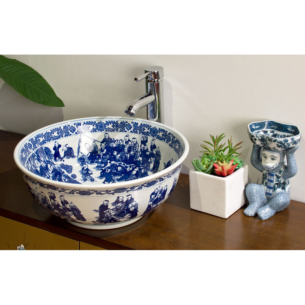 US Seller – Blue and White Porcelain Schoolyard Scene Oriental Basin