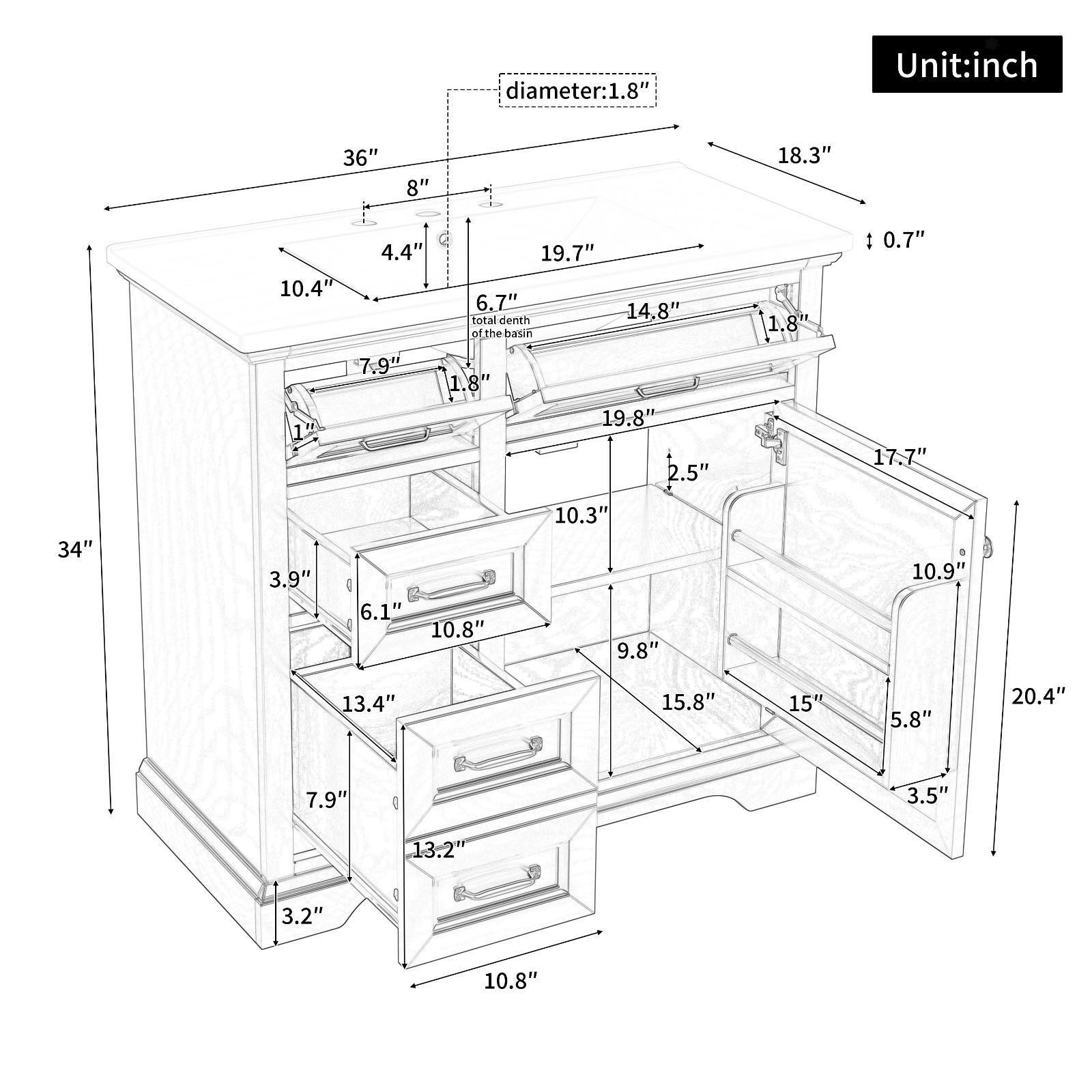 36-Inch Bathroom Vanity with Ceramic Sink Top, 4 Drawers And 1 Soft-Close Door,