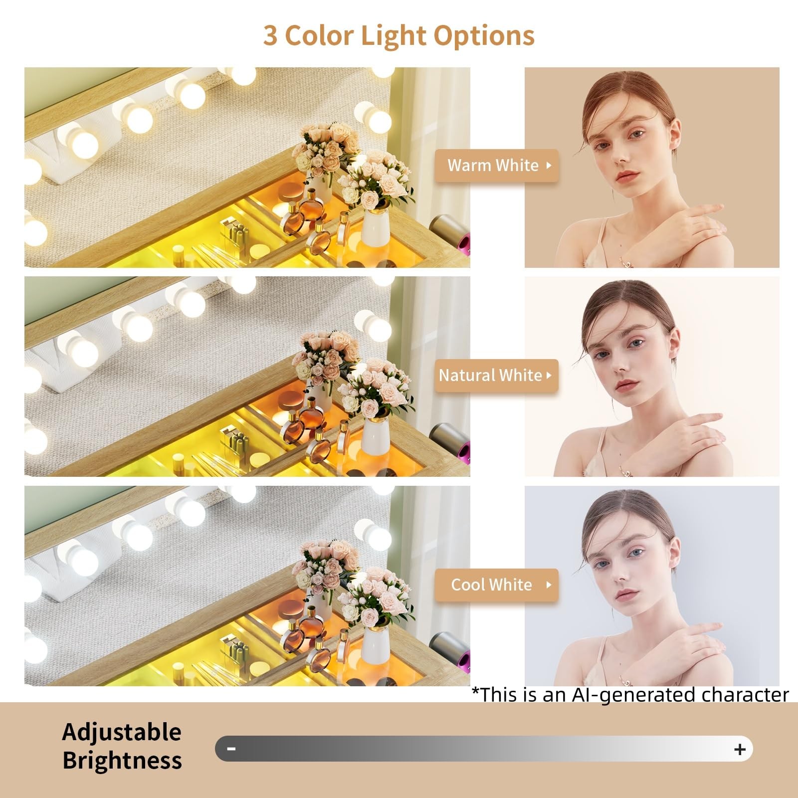 43 Oak Makeup Vanity LED Mirror 3 Color Dimmable Glass Top RGB Drawers