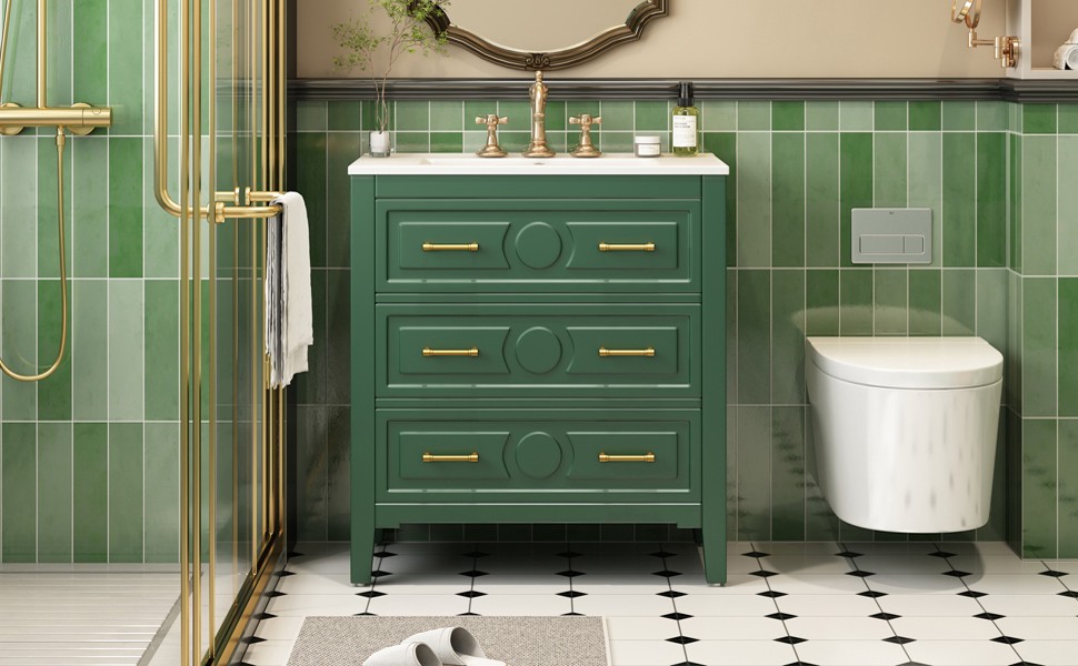 30″ Green Bathroom Vanity with Ceramic Sink, 3 Drawers, Solid Wood