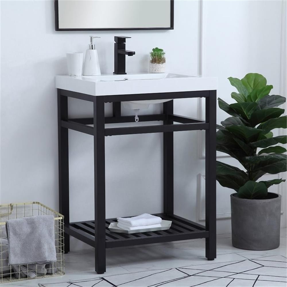 Pemberly Row 24″ Single Resin Top Metal Bathroom Vanity in Black