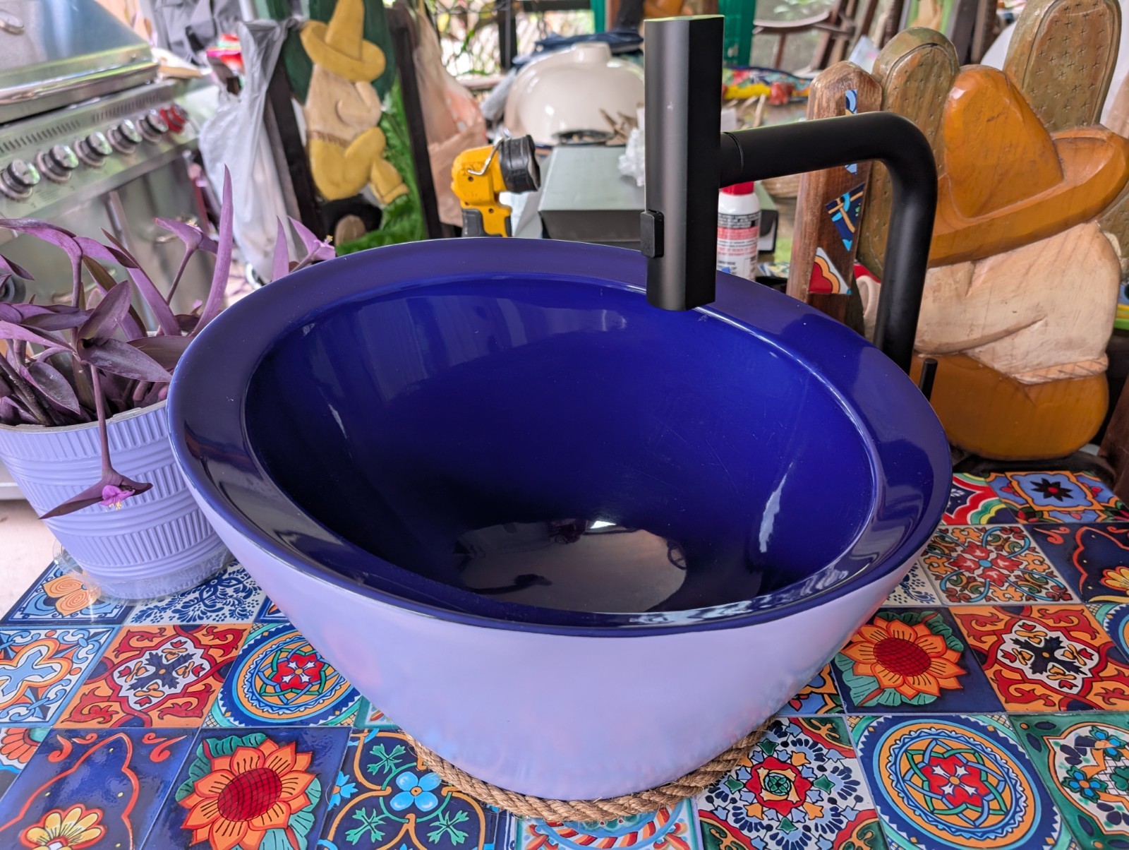 BATHROOM SINK VANITY DEEP BLUE FRENCH LILAC GRANITE TOP WITH MEXICAN TILE DECAL
