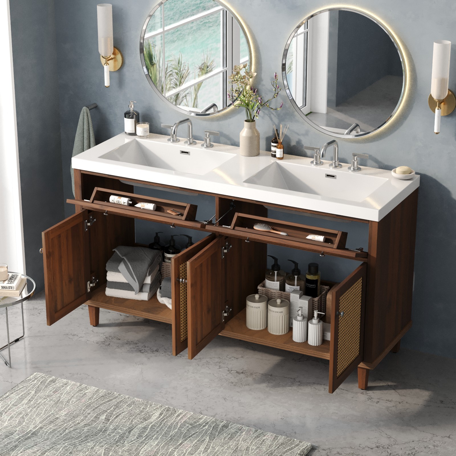 60 Inch Bathroom Vanity with Double Sink,Large Storage Space with 2 Tip-Out Tray
