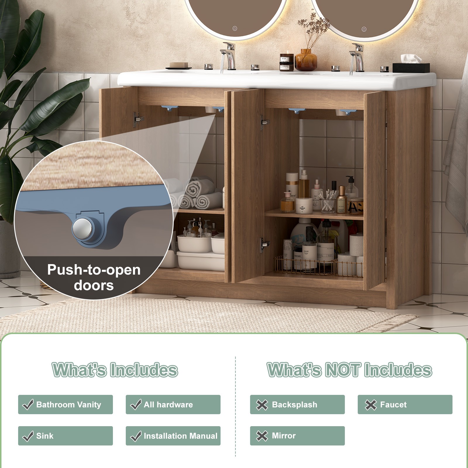 Large Bathroom Vanity Double Ceramic Sink Cabinet Storage Freestanding