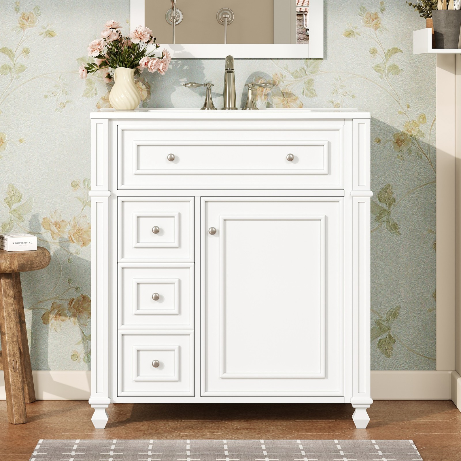 30 Inch Bathroom Vanity w/Ceramic Sink Basin, Storage Cabinet w/Soft Close Door
