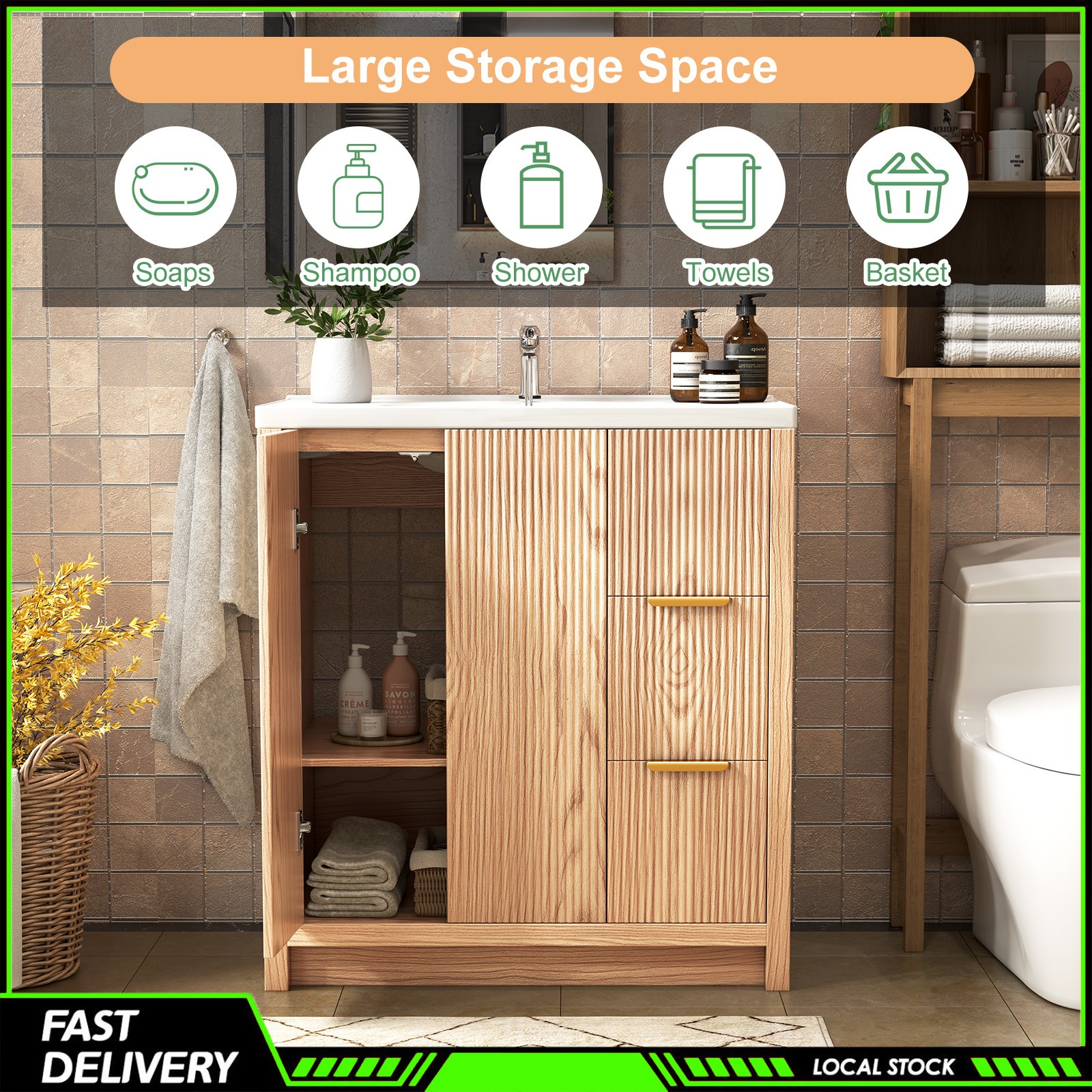 31″ Storage Cabinet Ceramic Sink Bathroom Vanity W/ Drawers Bathroom Cabinet Set
