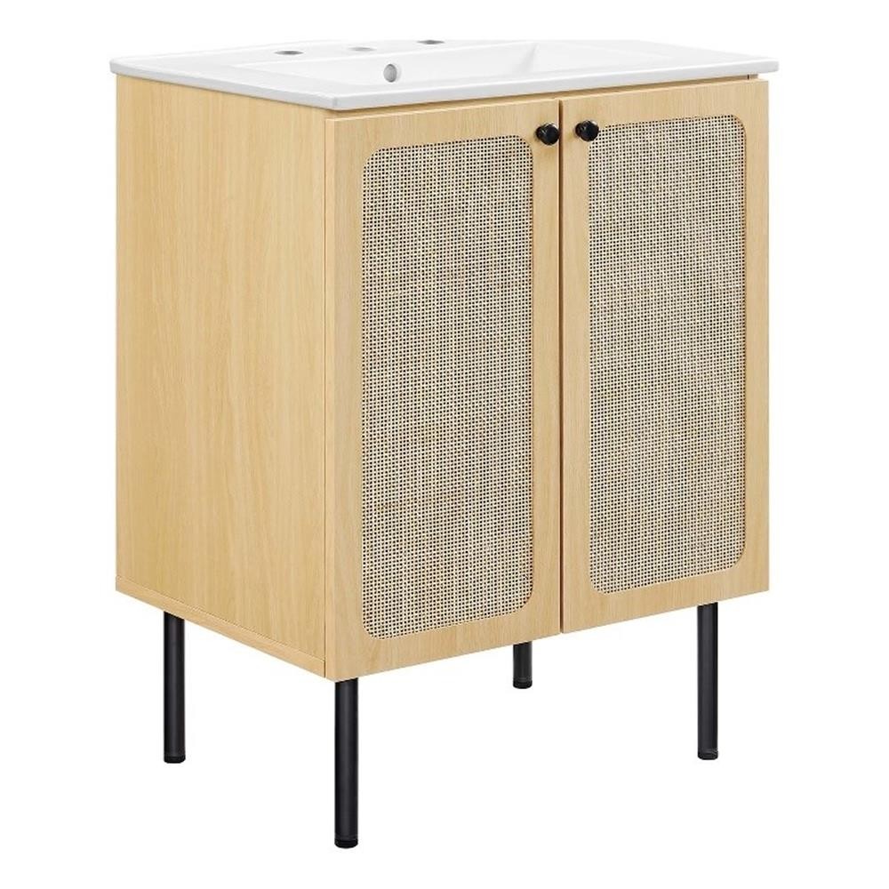 Pemberly Row Contemporary 24″ Wood & Rattan Bathroom Vanity in Oak/White