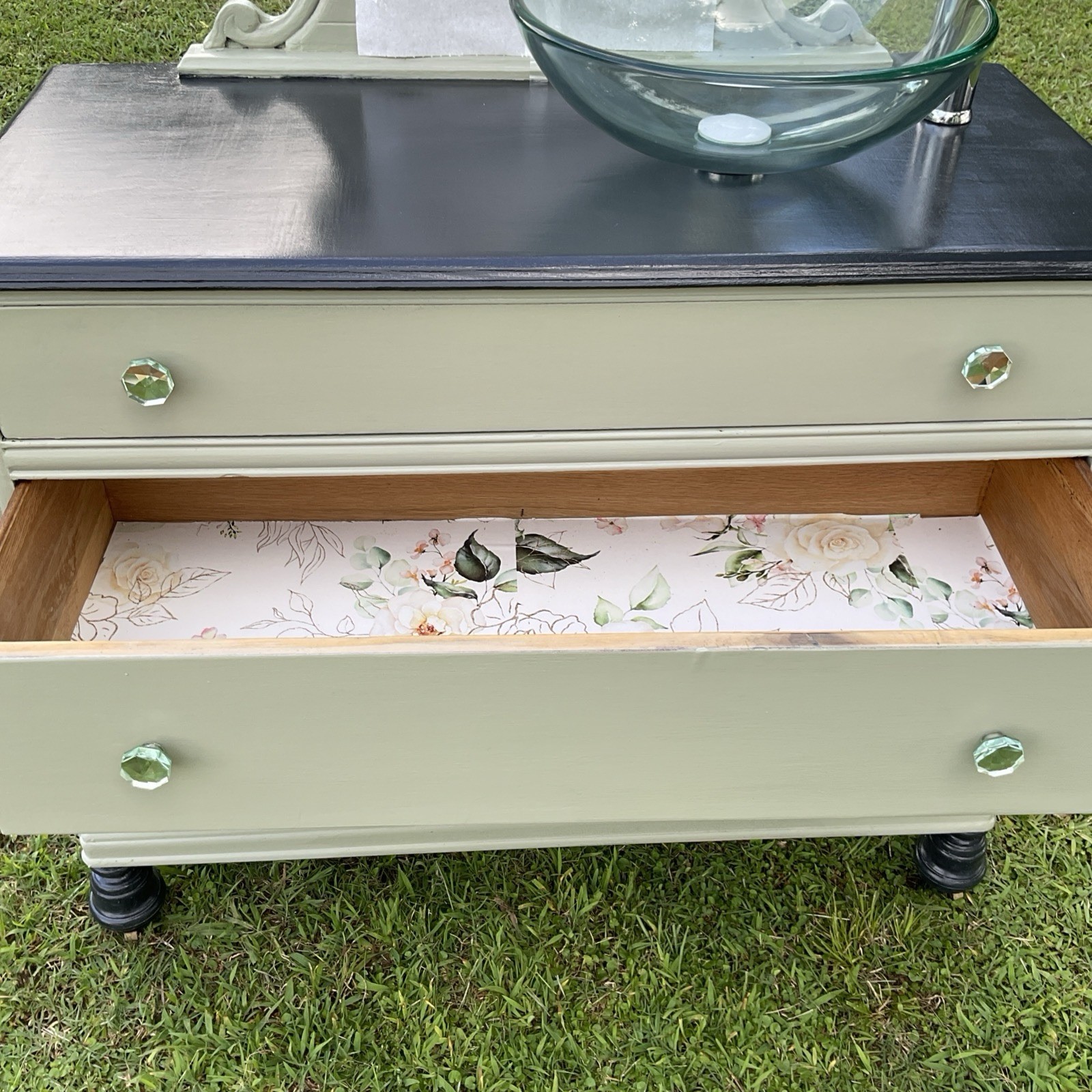 Green & Gray Dresser Repurposed Into Bathroom Vanity With Clear Glass Sink