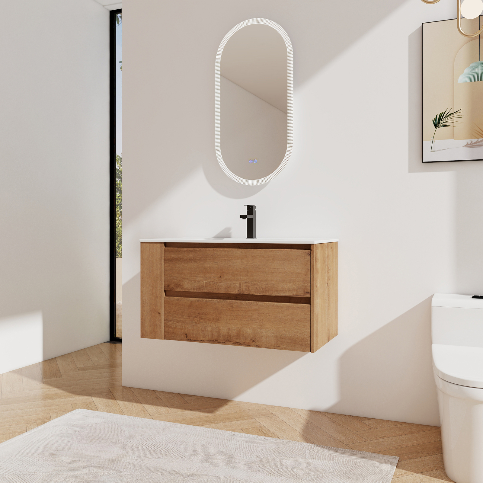 36inch Wooden Floating Wall Mounted Bathroom Vanity W/ Side Shelf Ceramic Sink