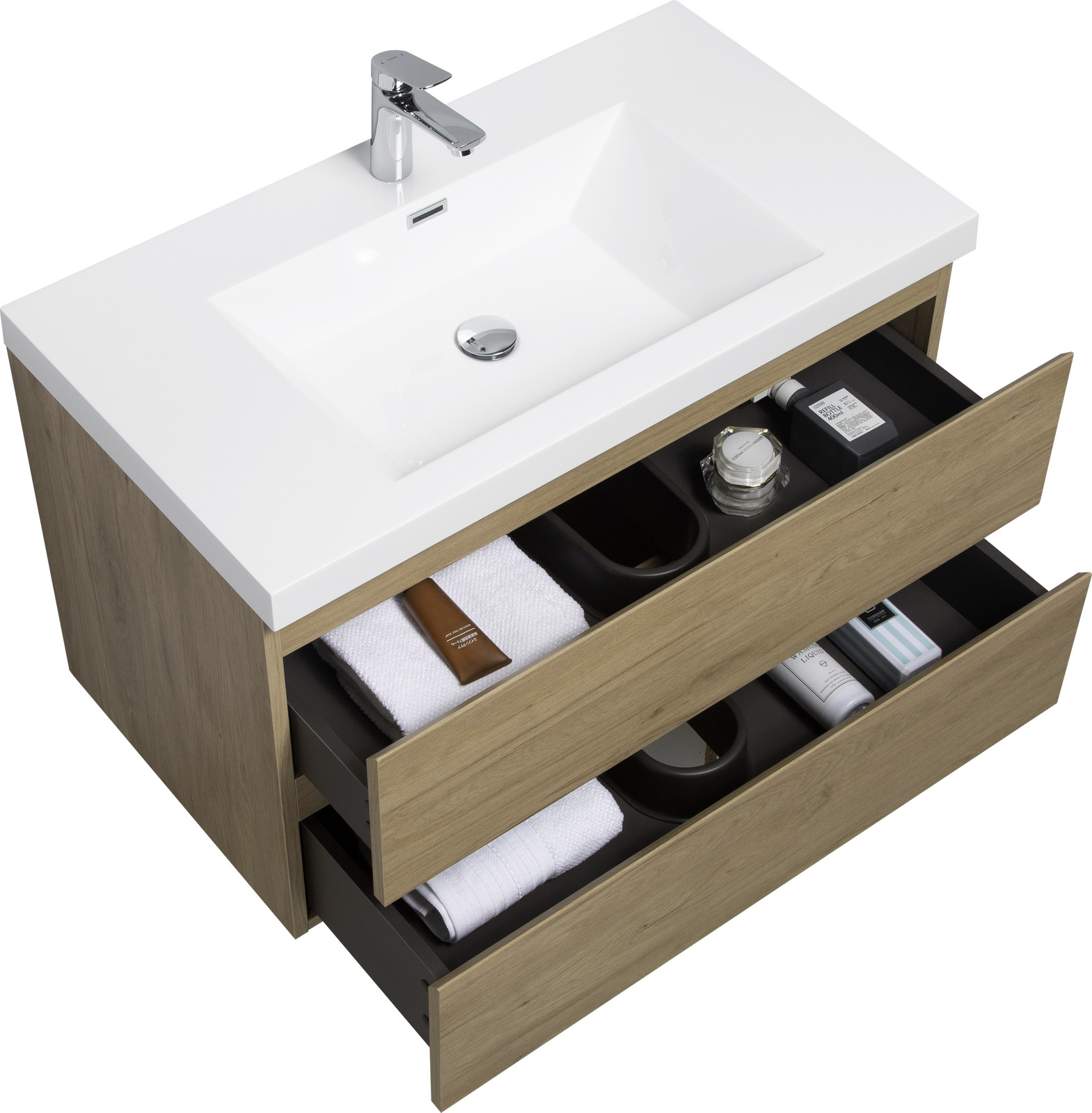 36″ Floating Wall-Mounted Bathroom Vanity with Resin Sink Top Basin 2Drawers Oak
