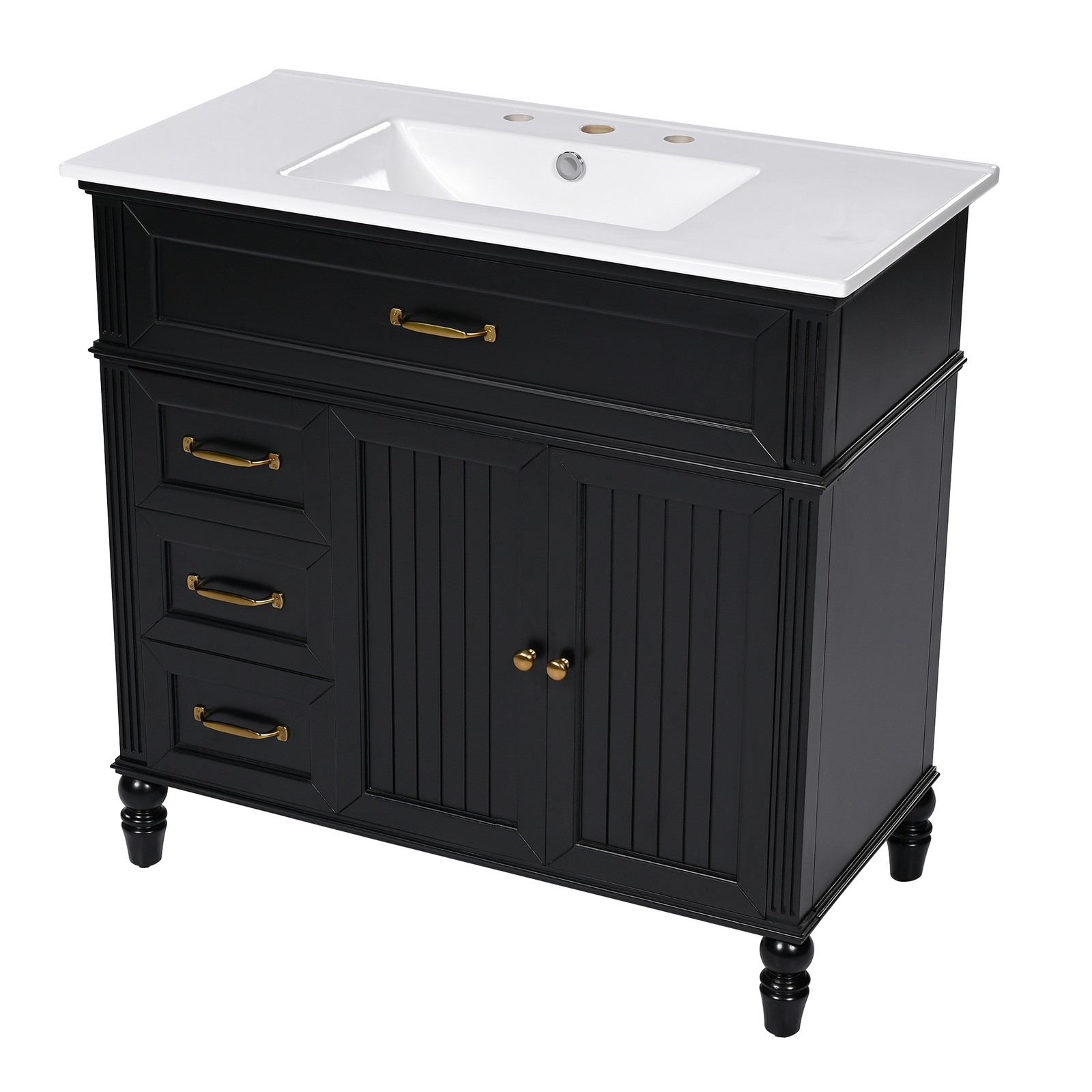 36″ Bathroom Vanity with Sink & Drawers, Black, Solid Wood Frame & MDF