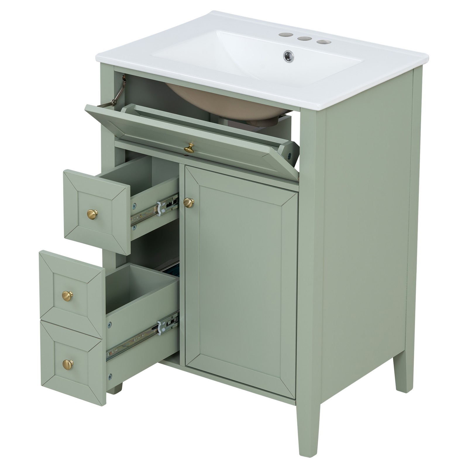 24″ Light Green Bathroom Vanity with Ceramic Sink and Storage Drawers