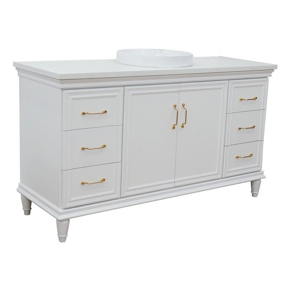 61 in. Single Wooden Vanity White with White Quartz Round Sink