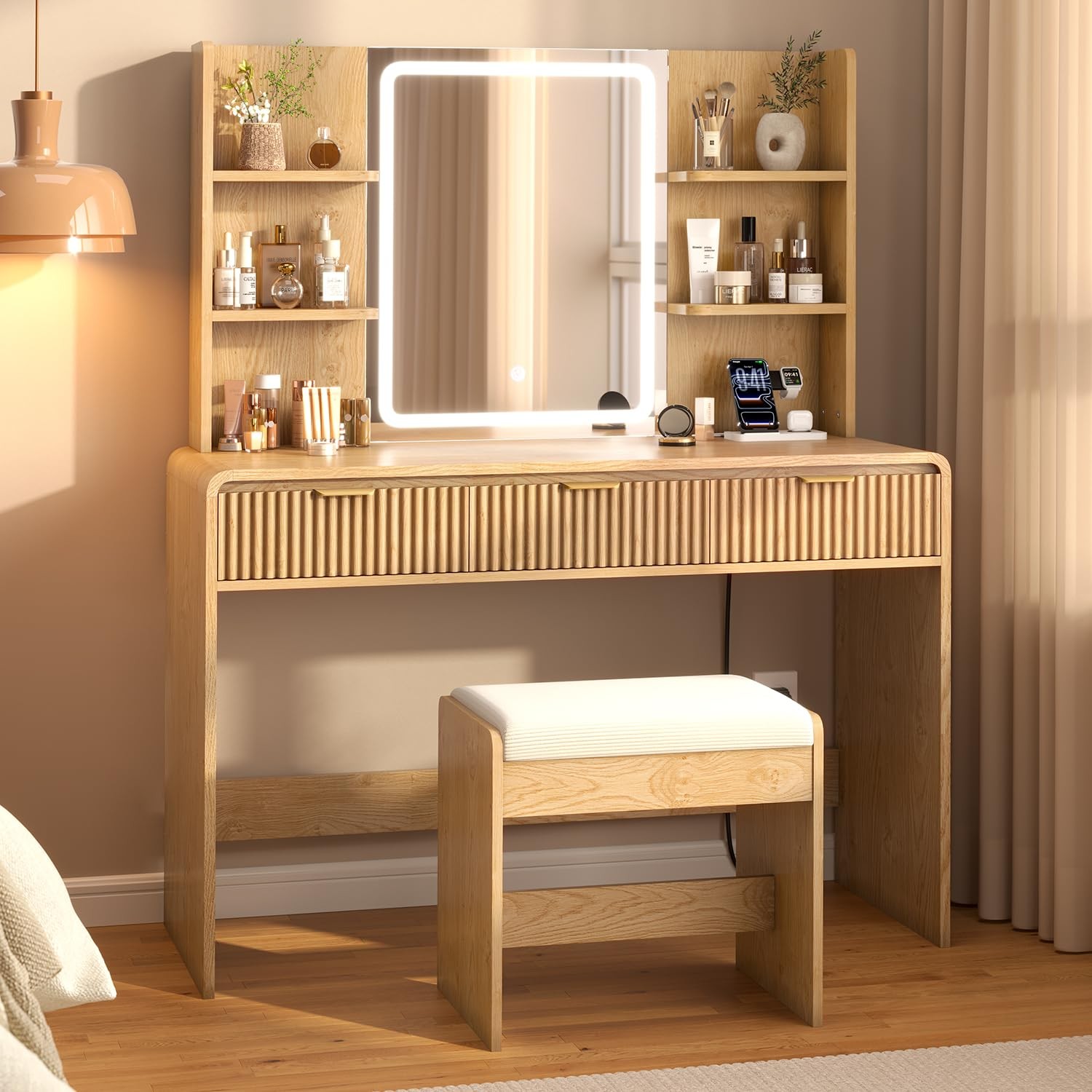 Fluted Vanity Desk with Mirror Light, Stool, Power Outlet Natural